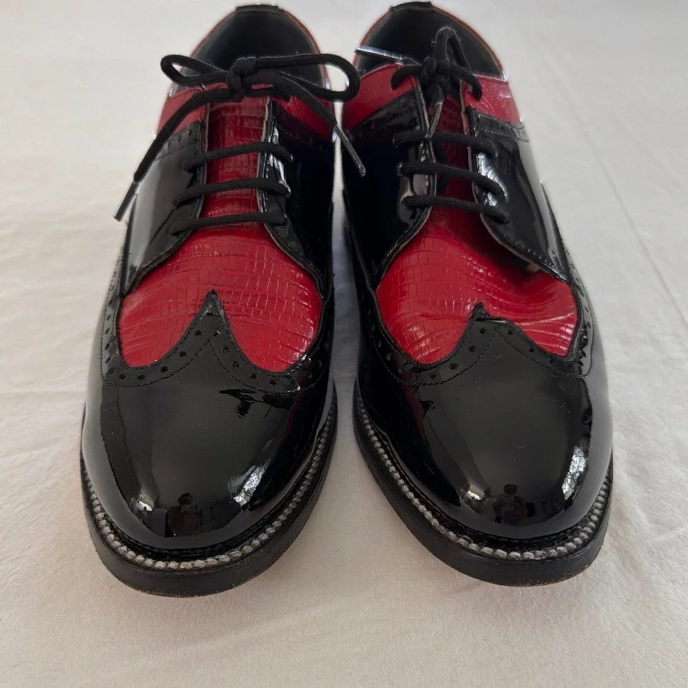 Stacy Baldwin Mens Black Red Patent Leather Wingtip Oxford Shoes 16223 Size 7D